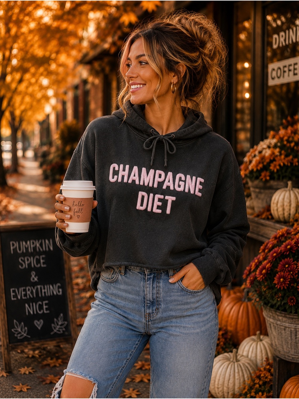Refined Canvas Champagne Diet Cropped Hoodie Puff Print Charcoal M NWOT